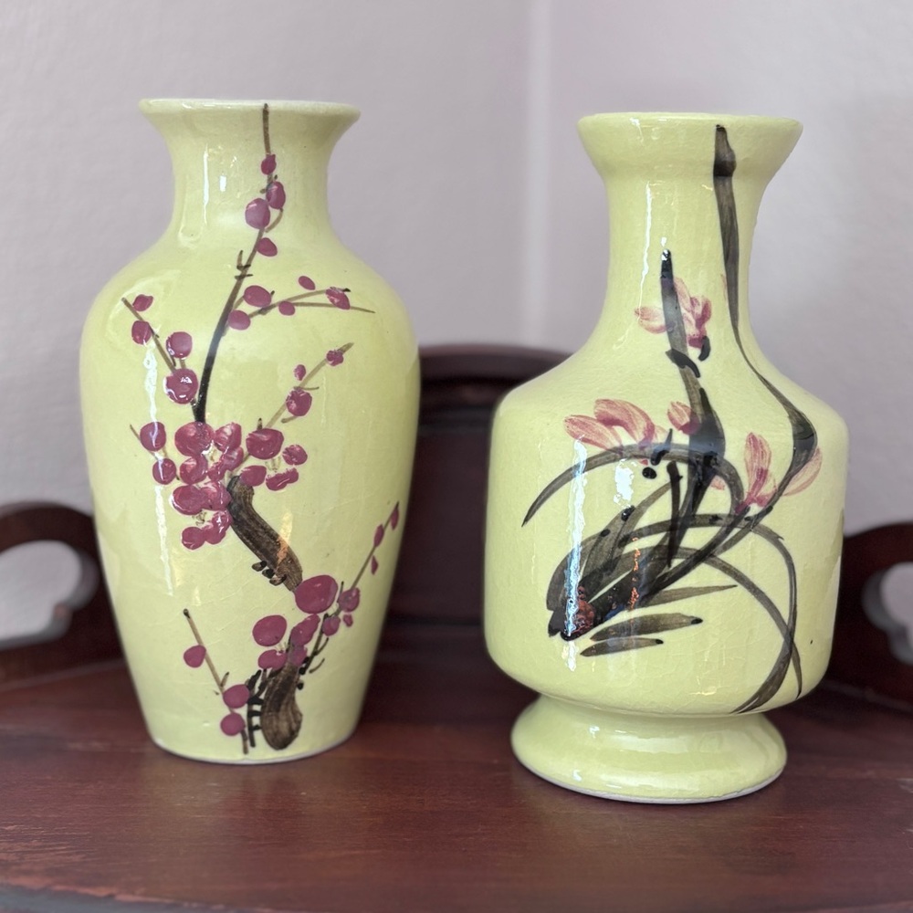 Vintage Oriental Hand Painted Vases - Japanese Floral Set of 2